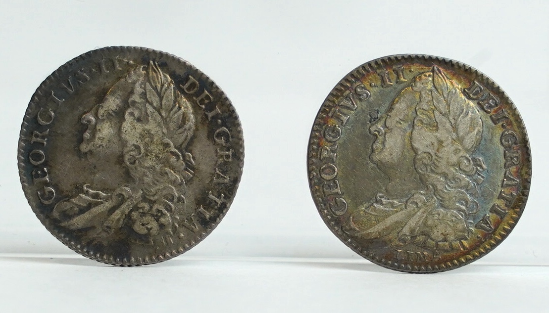 British silver coins, George II, two shilling coins, 1758, both fine/good fine and four sixpences, 1746, LIMA, fine, 1758/7, about VF, 1758, fine or better and 1757, about VF (6)